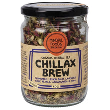 Load image into Gallery viewer, Mindful Foods Chillax Brew herbal tea from Align Your Vibe – a certified organic calming blend for stress relief and restful sleep.