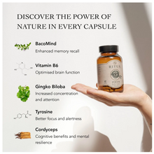 Load image into Gallery viewer, Ritua Focus brain support supplement displayed with natural ingredients including Bacopa, Cordyceps and Ginkgo Biloba for mental clarity and focus